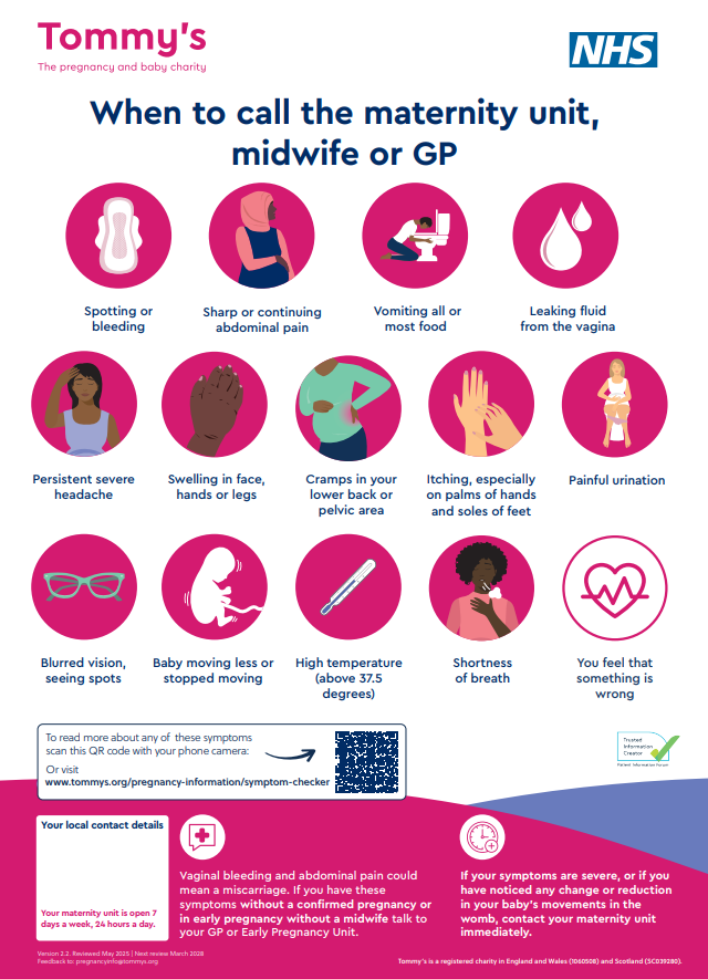 Poster offering guidance on when to call the maternity unit, midwife or GP