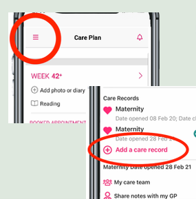 Image showing how to access the Add a care record section of the app
