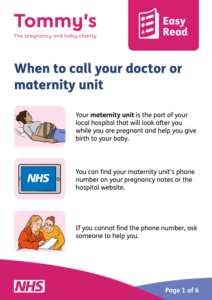 Front page of an easy read booklet with advice on when to call a doctor or maternity unit
