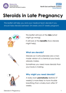 Front page of Steroids in late pregnancy easy read leaflet